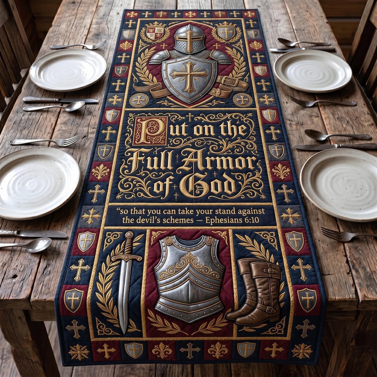 Full Armor of God Blue Shield Table Runner - Made to Order TABLE928