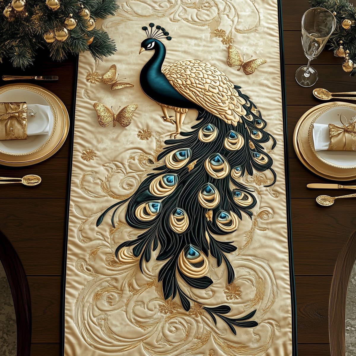 Gold and Black Peacock on Cream Table Runner - Made to Order TABLE928