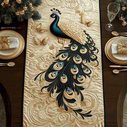 Gold and Black Peacock on Cream Table Runner - Made to Order TABLE928