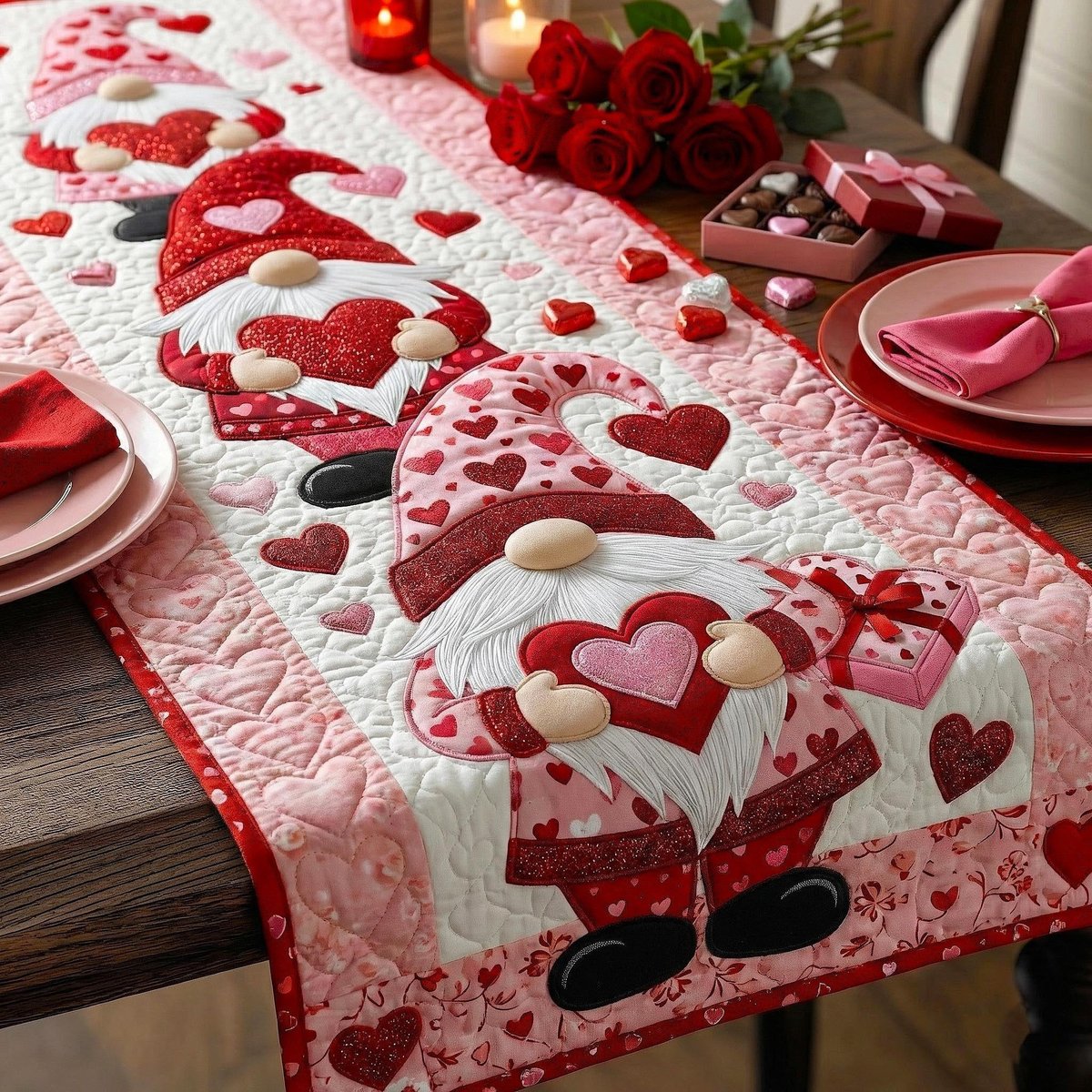 Gnomes with Hearts on Pink Table Runner - Made to Order TABLE928