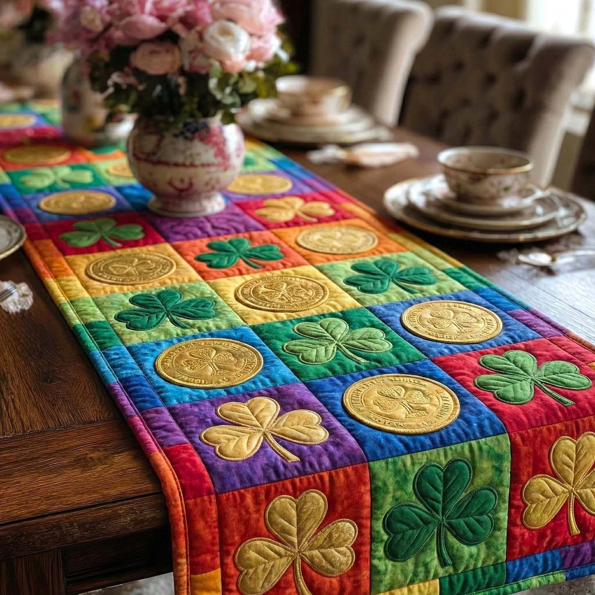Gold Coins and Clovers on Rainbow Blocks Table Runner - Made to Order TABLE928