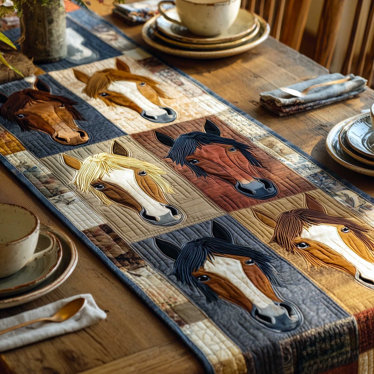 Four Horse Heads on Blue Plaid Table Runner - Made to Order TABLE928