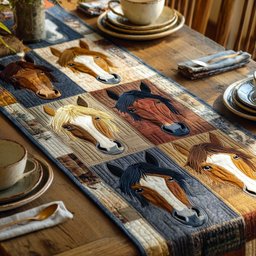 Four Horse Heads on Blue Plaid Table Runner - Made to Order TABLE928