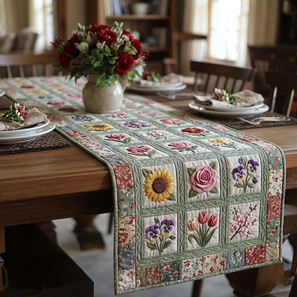 Flower Squares on Green Border Table Runner - Made to Order TABLE928