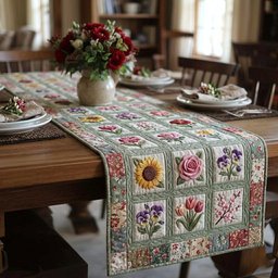 Flower Squares on Green Border Table Runner - Made to Order TABLE928