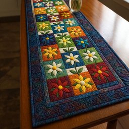 Flower Blocks in a Colorful Grid Table Runner - Made to Order TABLE928