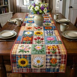 Flower Blocks on Plaid Squares Table Runner - Made to Order TABLE928