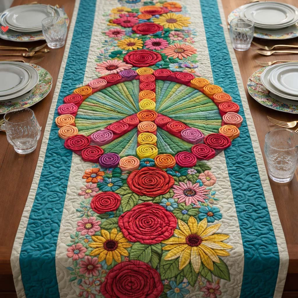 Flower Peace Sign on Teal Table Runner - Made to Order TABLE928