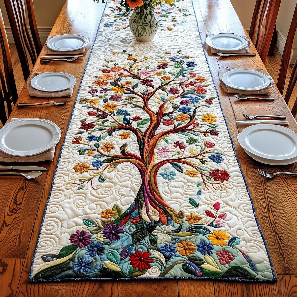 Flowering Tree on Cream Table Runner - Made to Order TABLE928