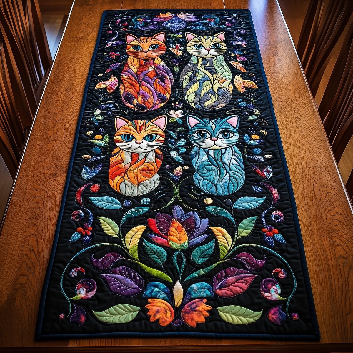 Four Cats Among Bright Blooms Table Runner - Made to Order TABLE928