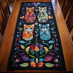 Four Cats Among Bright Blooms Table Runner - Made to Order TABLE928