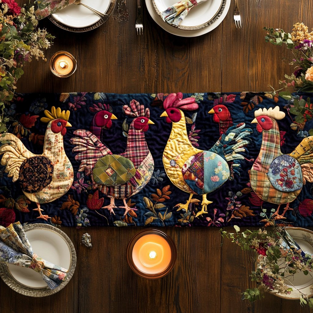 Folk Art Chickens on Navy Table Runner - Made to Order TABLE928