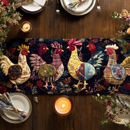 Folk Art Chickens on Navy Table Runner - Made to Order TABLE928