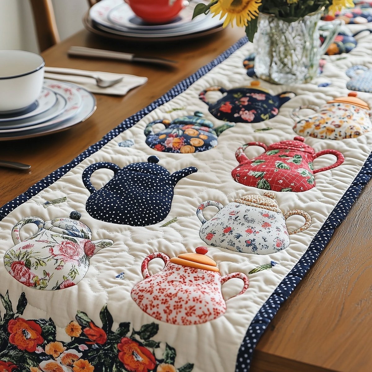 Floral Teapots on Cream Quilting Table Runner - Made to Order TABLE928