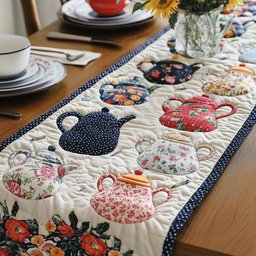 Floral Teapots on Cream Quilting Table Runner - Made to Order TABLE928
