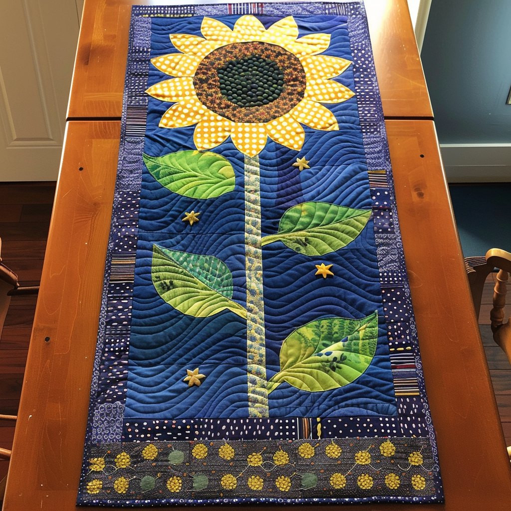 Folk Sunflower Stalk on Navy Table Runner - Made to Order TABLE928