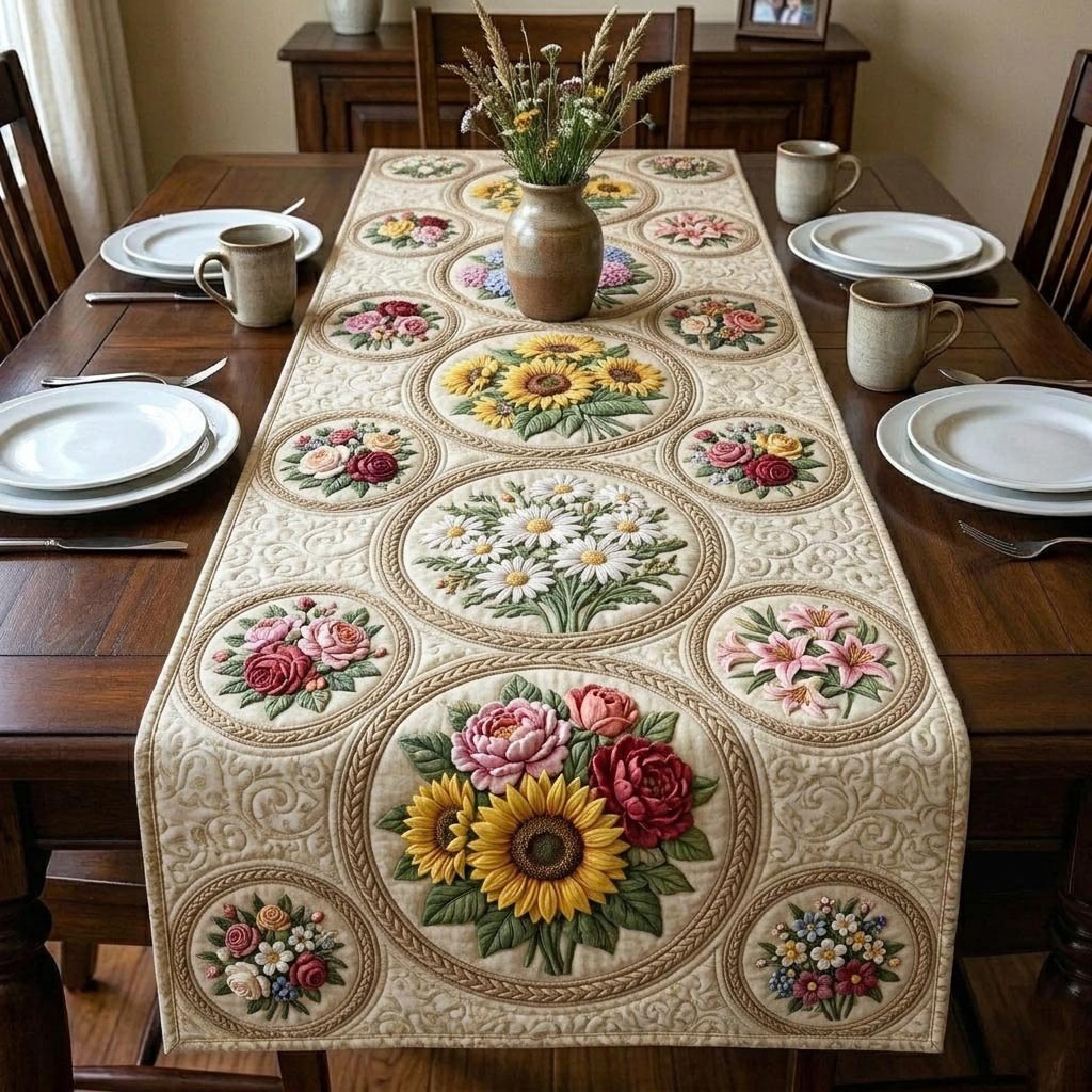 Floral Medallions on Cream Panel Table Runner - Made to Order TABLE928