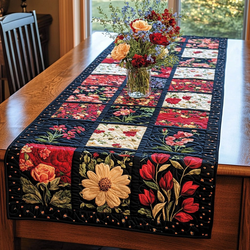Folk Flower Blocks on Black Table Runner - Made to Order TABLE928