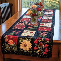 Folk Flower Blocks on Black Table Runner - Made to Order TABLE928