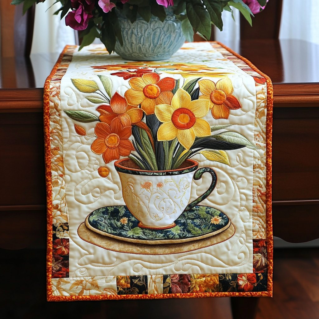 Flower Filled Teacup on Orange Table Runner - Made to Order TABLE928