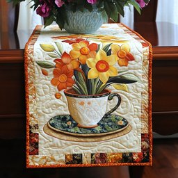 Flower Filled Teacup on Orange Table Runner - Made to Order TABLE928