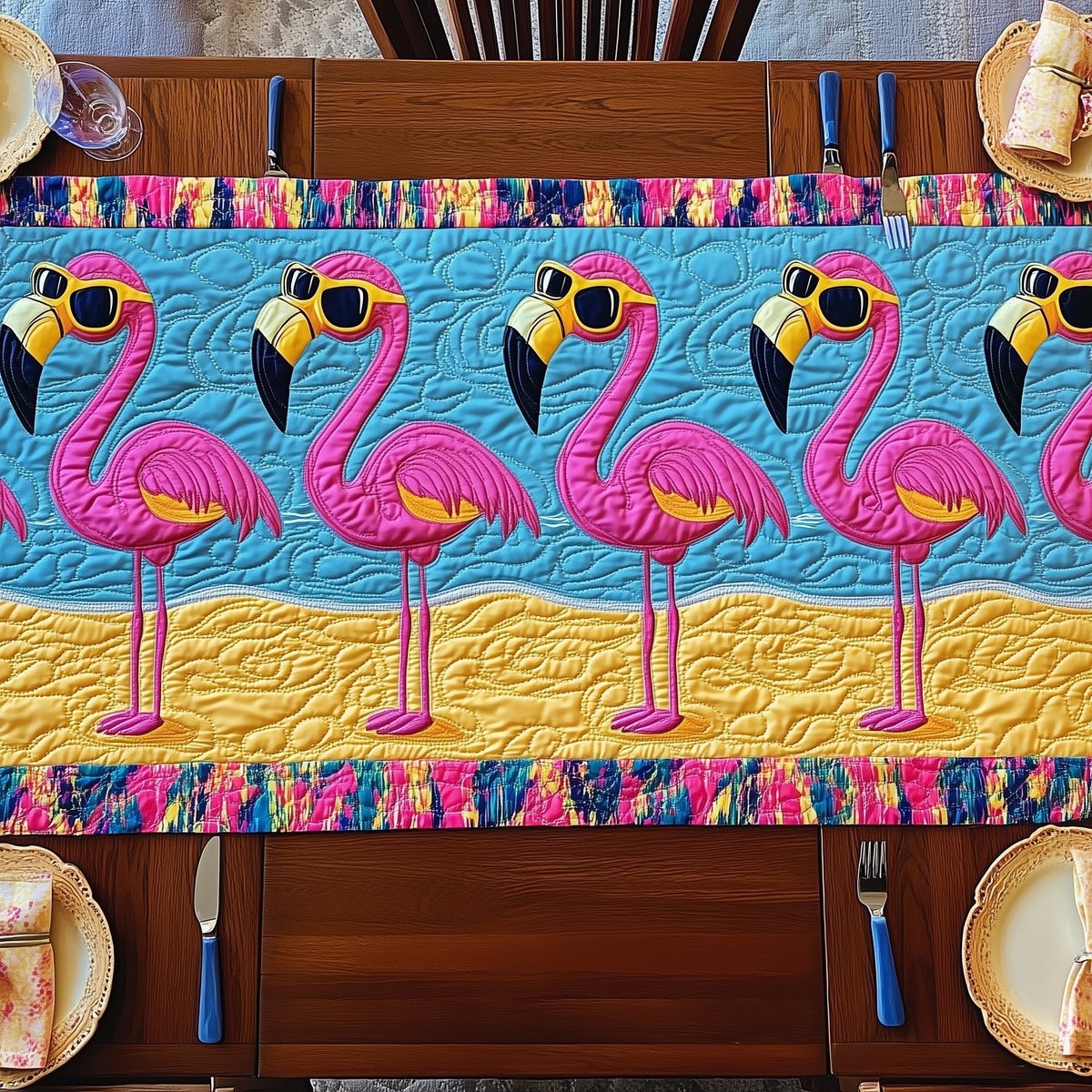 Four Flamingos in Sunglasses on Blue Table Runner - Made to Order TABLE928