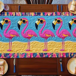Four Flamingos in Sunglasses on Blue Table Runner - Made to Order TABLE928