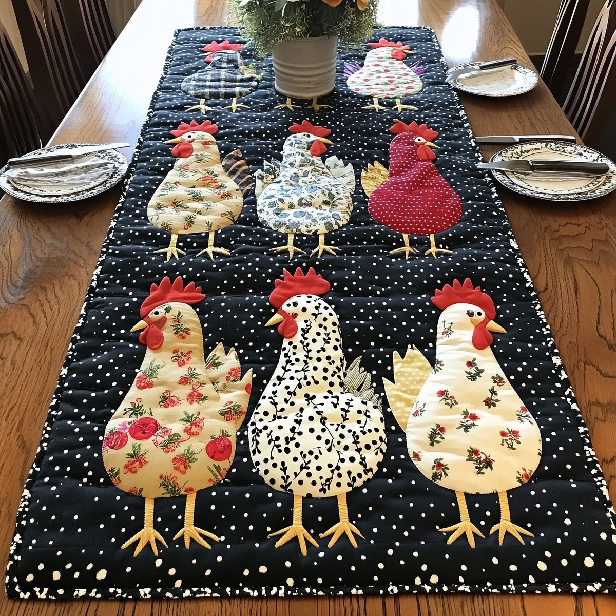 Floral Print Chickens on Black Table Runner - Made to Order TABLE928