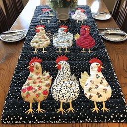 Floral Print Chickens on Black Table Runner - Made to Order TABLE928