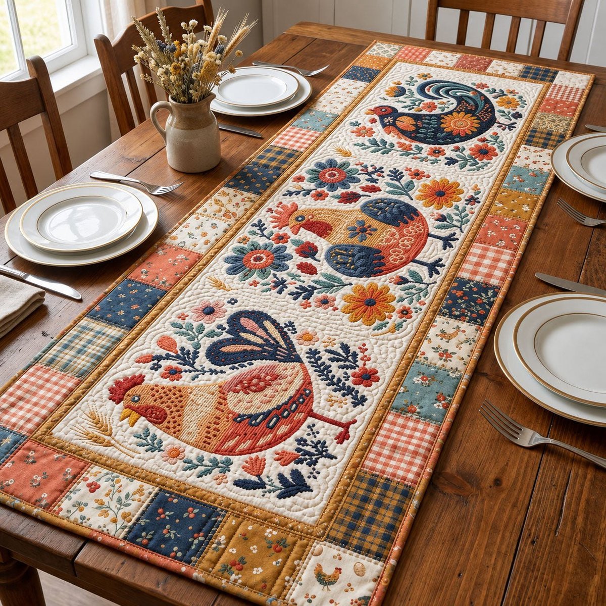Folk Birds on Cream Blocks Table Runner - Made to Order TABLE928