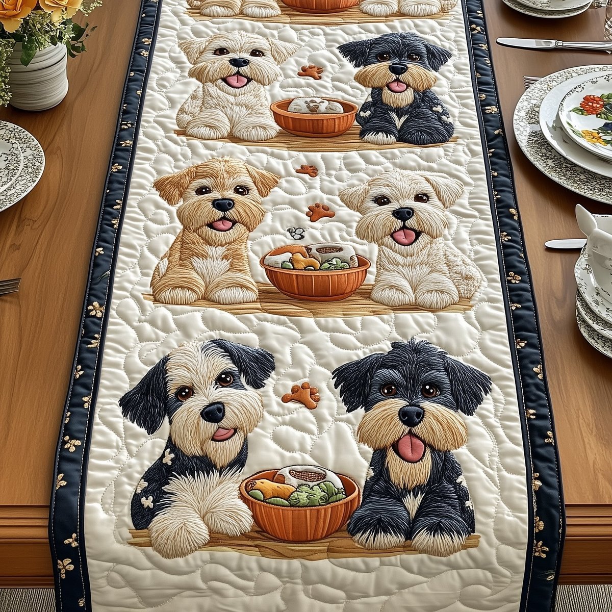 Fluffy Dogs with Bowls on Blue Border Table Runner - Made to Order TABLE928