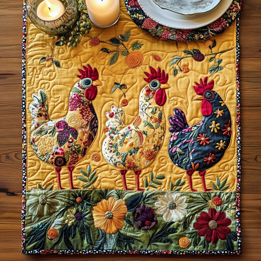 Folk Chickens on Yellow with Flowers Table Runner - Made to Order TABLE928