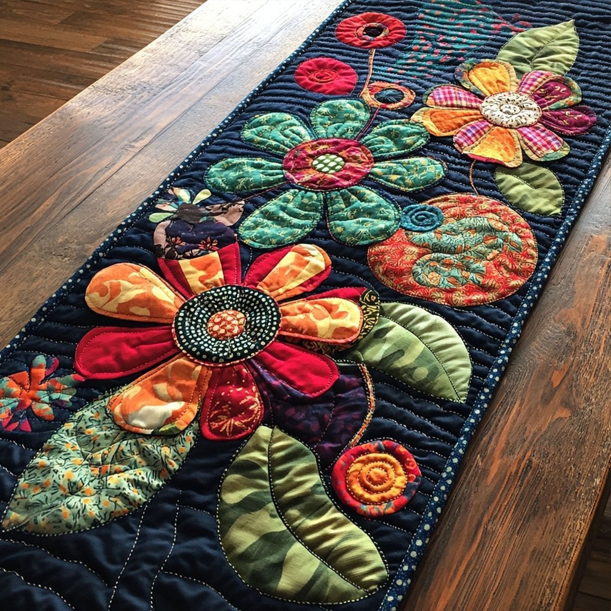 Folk Flowers on Navy Panel Table Runner - Made to Order TABLE928