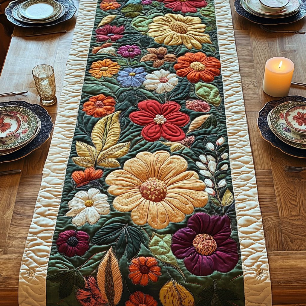 Folk Flowers on Cream Panel Table Runner - Made to Order TABLE928