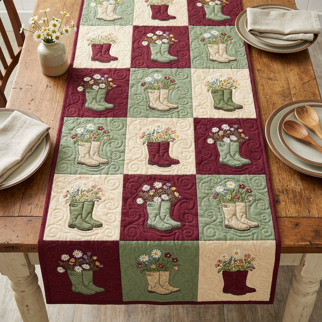 Flower Filled Boots in Squares Table Runner - Made to Order TABLE928