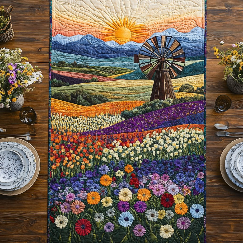 Flower Fields with Distant Windmill Table Runner - Made to Order TABLE928