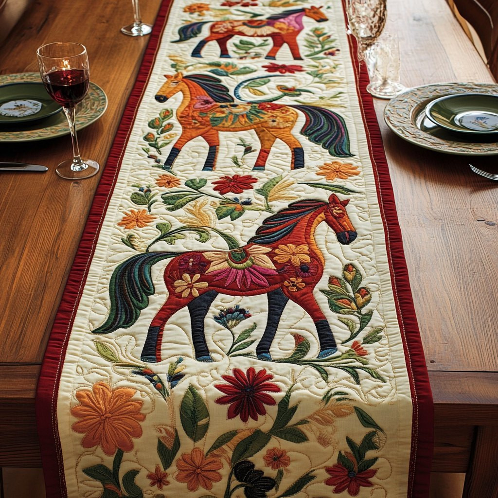 Folk Horses with Flowers on Cream Table Runner - Made to Order TABLE928