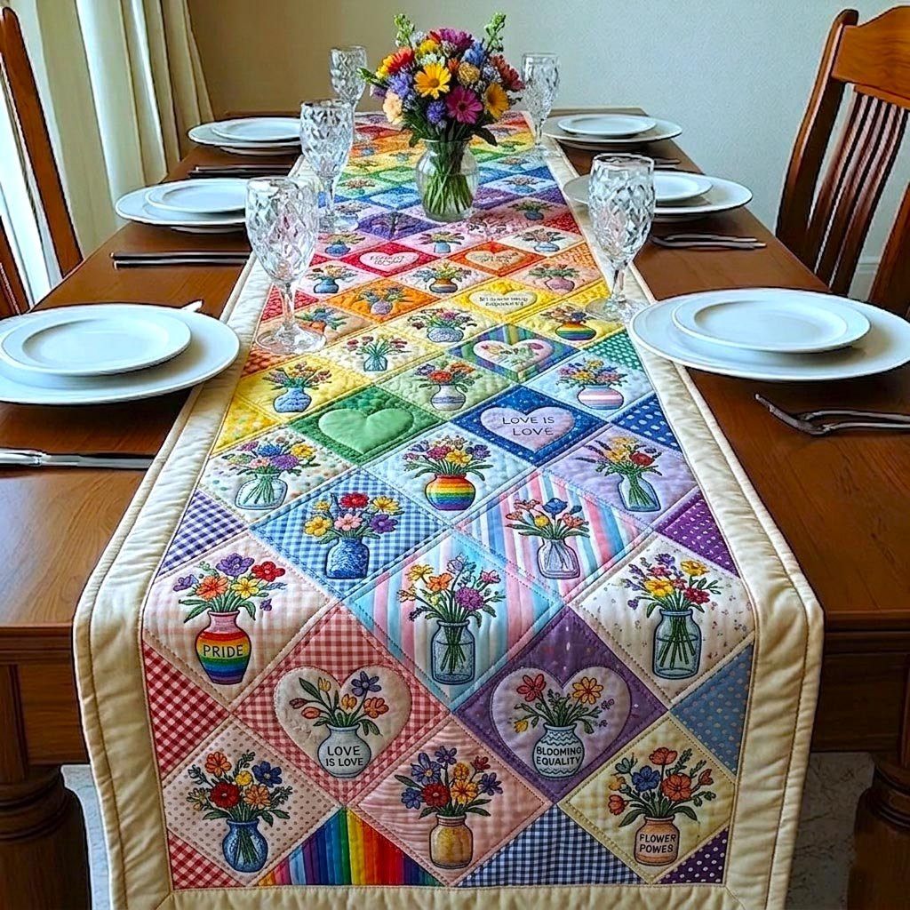 Flower Vases in Rainbow Patchwork Table Runner - Made to Order TABLE928