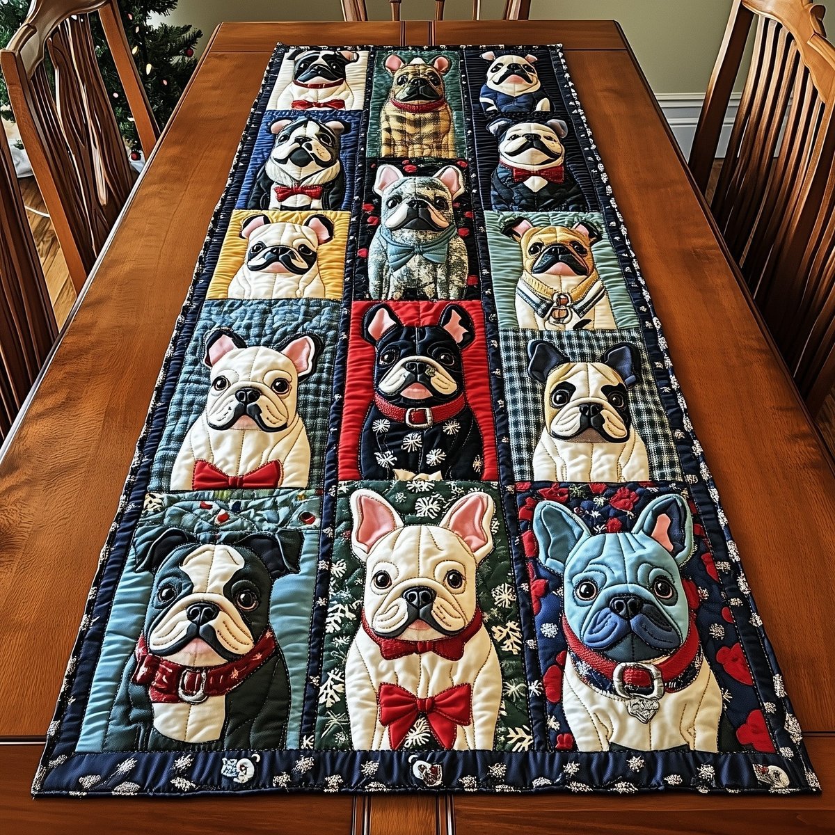 French Bulldogs in Blue Quilt Blocks Table Runner - Made to Order TABLE928