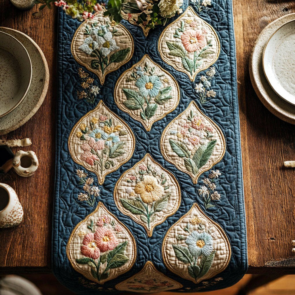 Floral Teardrops on Blue Table Runner - Made to Order TABLE928