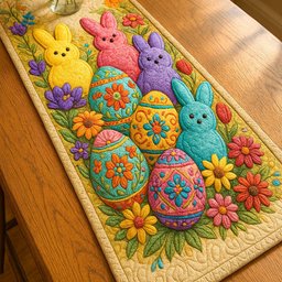Folk Art Eggs and Bunny on Gold Table Runner - Made to Order TABLE928