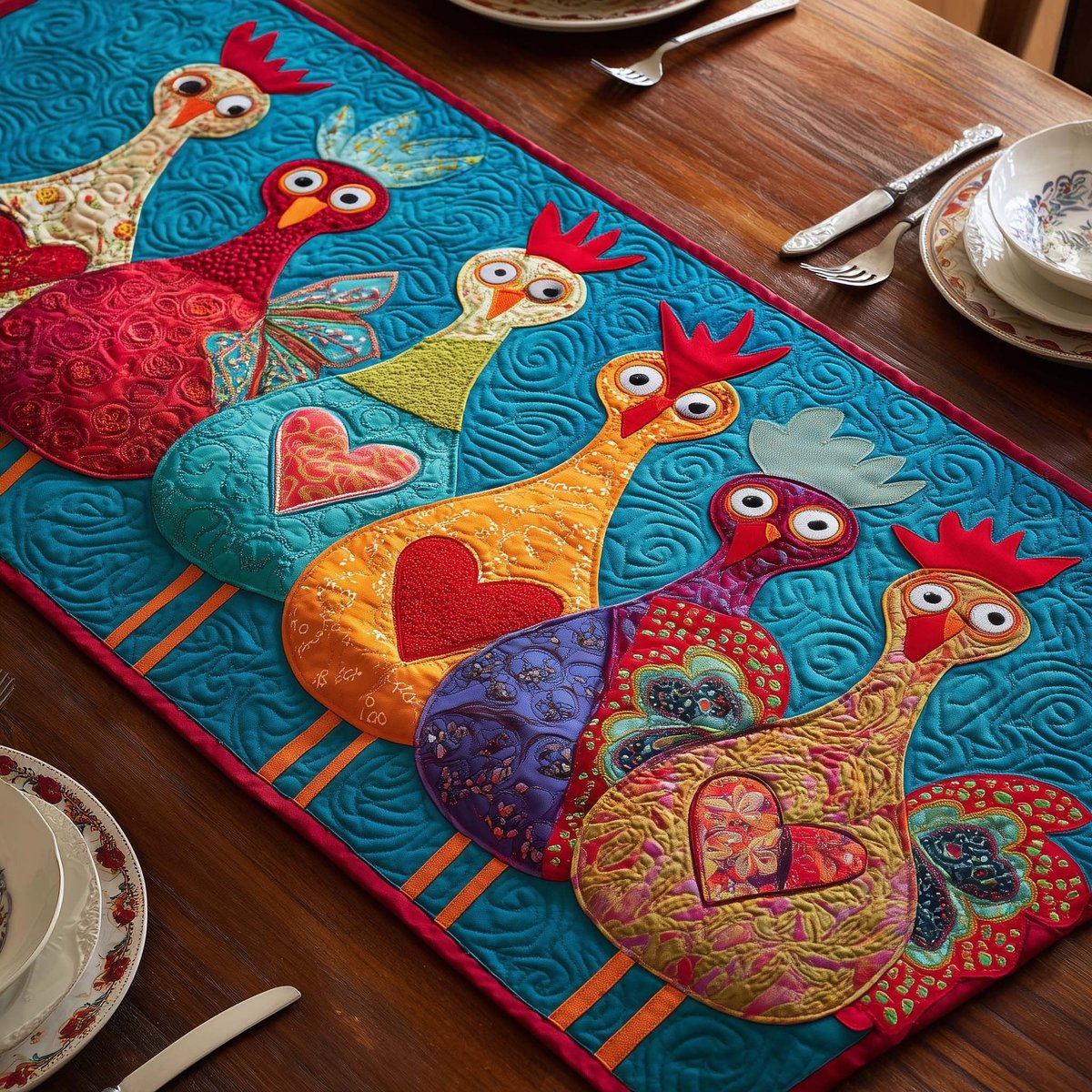 Folk Hens with Red Hearts Table Runner - Made to Order TABLE928