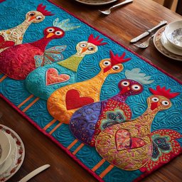Folk Hens with Red Hearts Table Runner - Made to Order TABLE928
