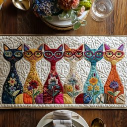 Folk Art Cats in Eyeglasses Table Runner - Made to Order TABLE928