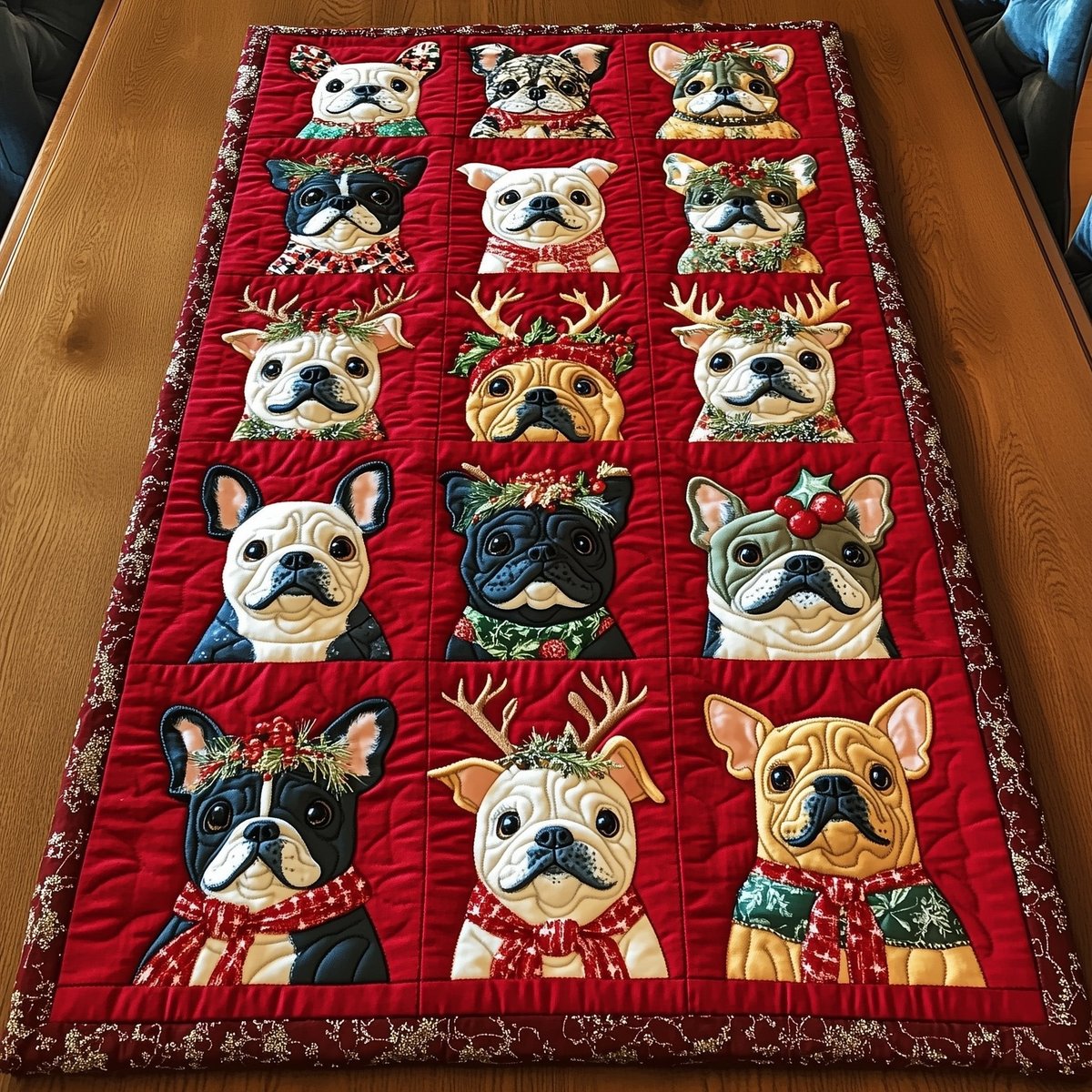 French Bulldogs with Reindeer Antlers Table Runner - Made to Order TABLE928