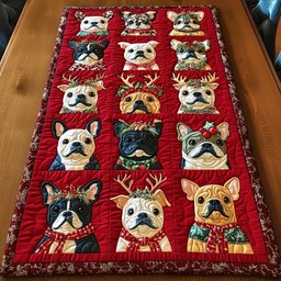 French Bulldogs with Reindeer Antlers Table Runner - Made to Order TABLE928