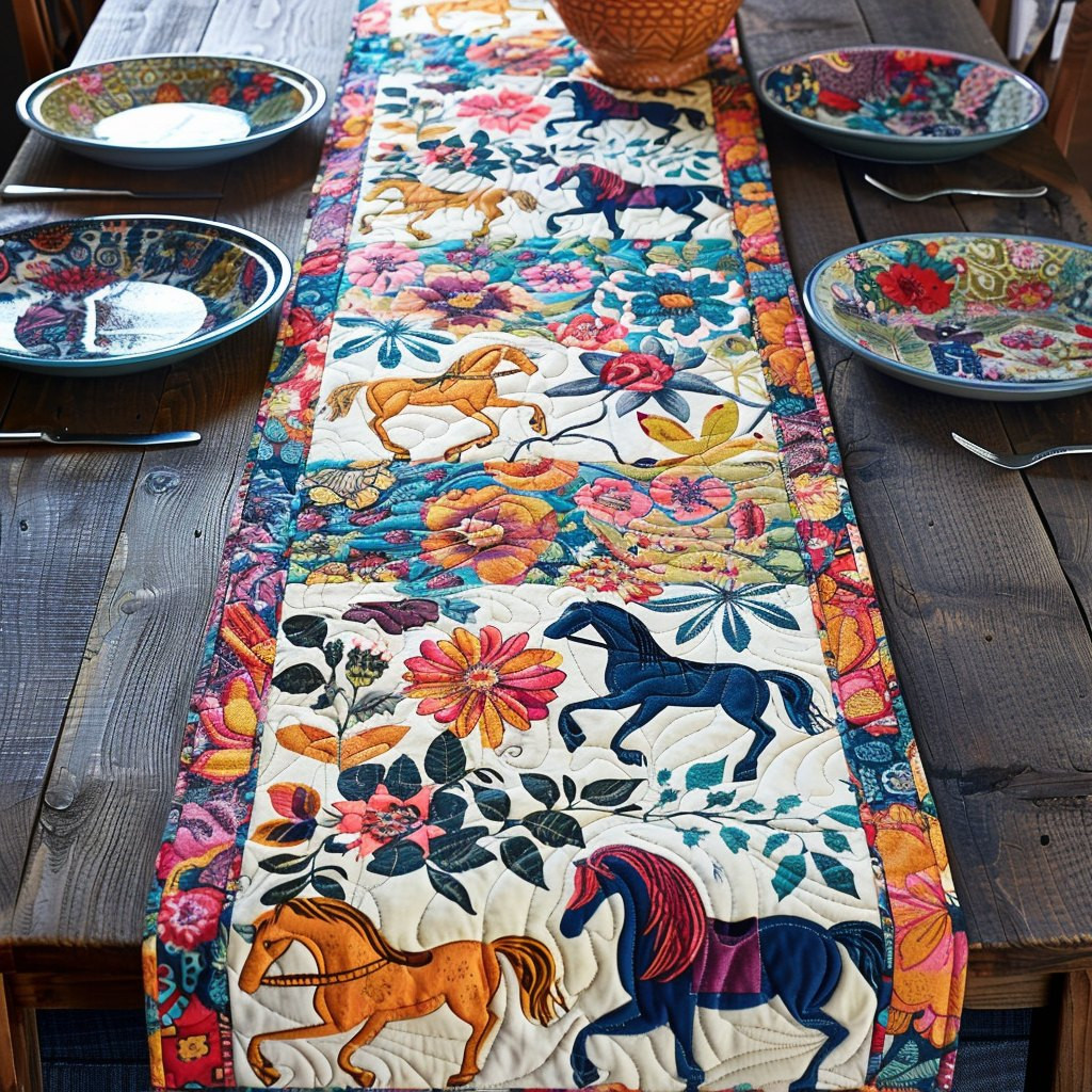 Folk Horses on Cream with Flowers Table Runner - Made to Order TABLE928