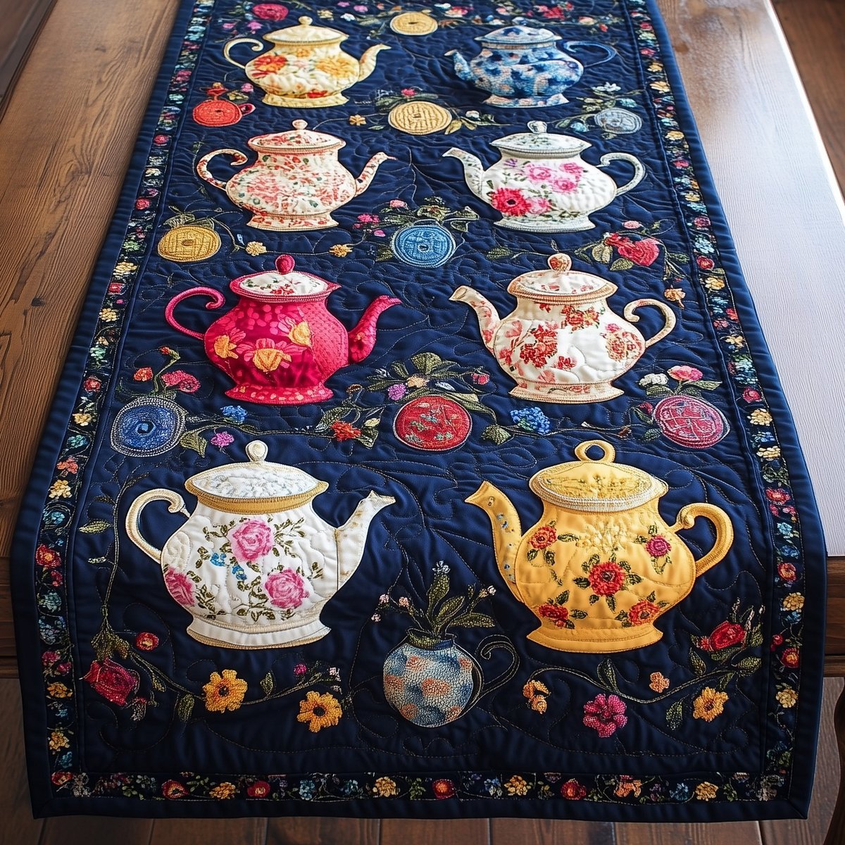 Floral Teapots on Navy Table Runner - Made to Order TABLE928