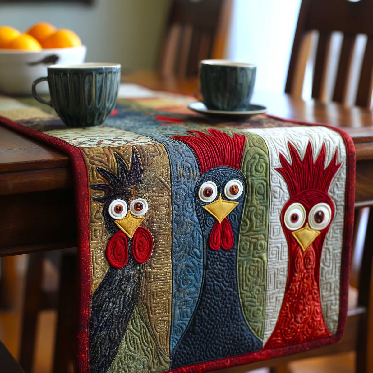 Folk Roosters on Striped Panel Table Runner - Made to Order TABLE928