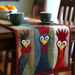 Folk Roosters on Striped Panel Table Runner - Made to Order TABLE928